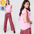 Venda quente de algodão rosa babado sem mangas camisa de verão Blusa Fabricação Atacado Moda Feminina Vestuário (TA0035B)